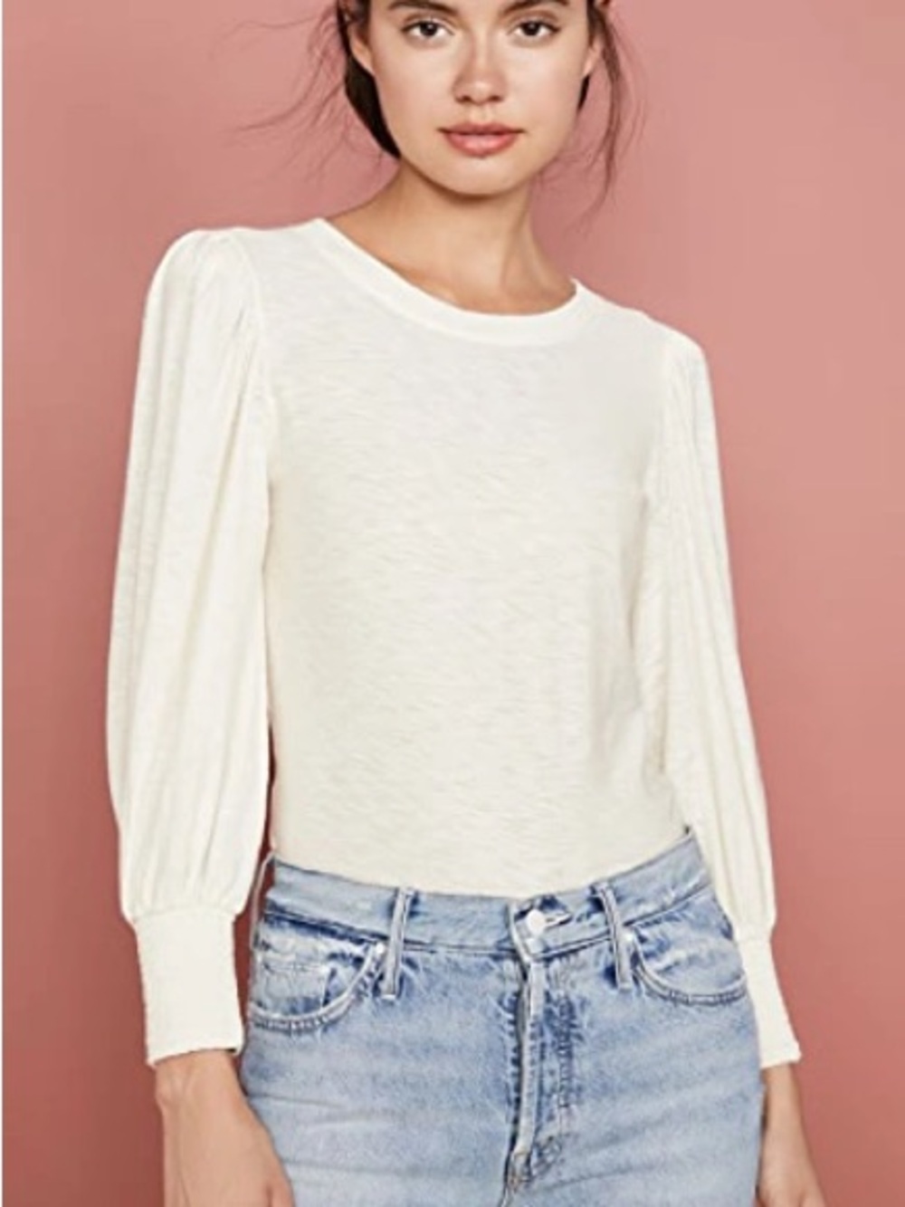 Nation LTD Loren Slub-Knit Peasant Sleeve Crewneck Tee Ivory
